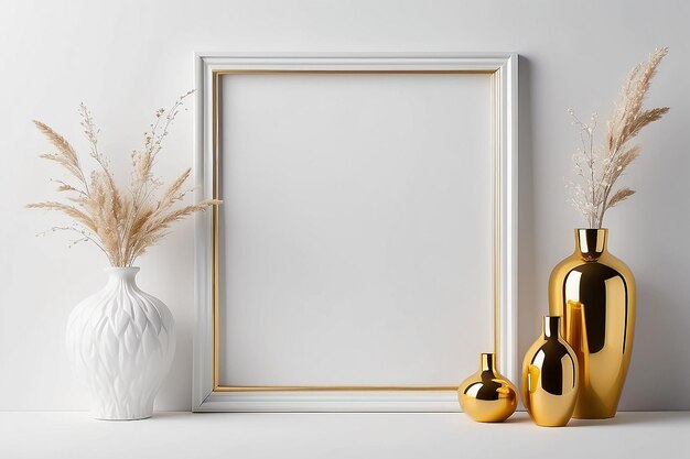 White frame mockup with white and golden vases