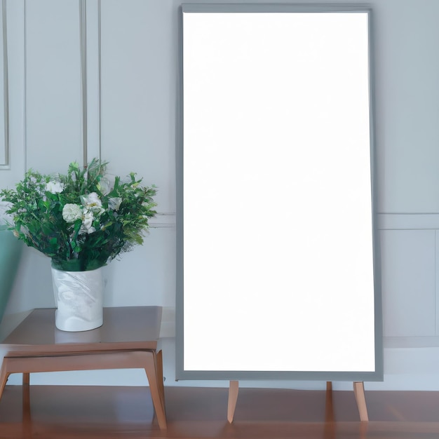 A white frame next to a plant on a table