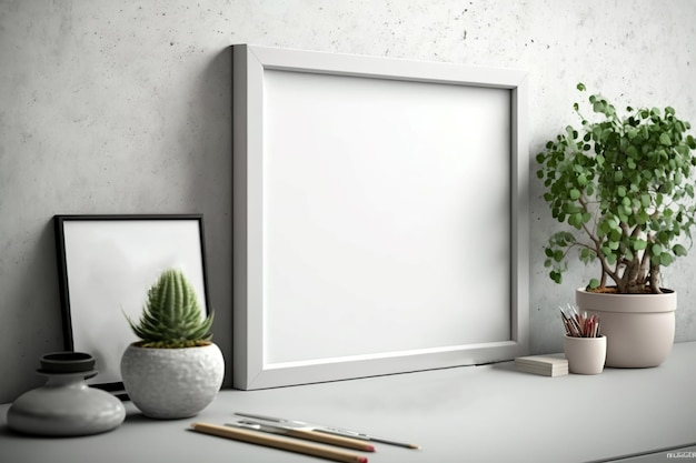 Foto modello di poster con cornice bianca su una scrivania minimalista ia generativa