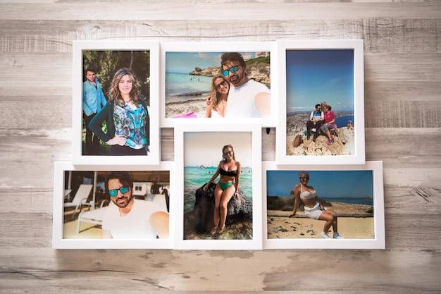 A white frame of several photos of a couple by the beaches, with a gray wooden background