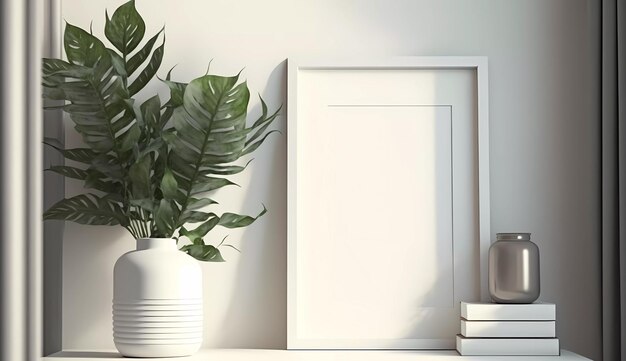 A white frame sits on a shelf next to a plant.