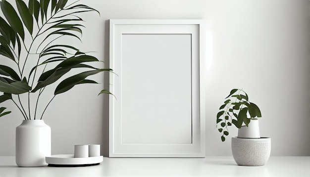 A white frame sits on a white table next to a potted plant.