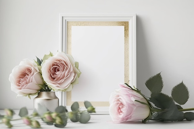 White frame and three pink roses on the desk