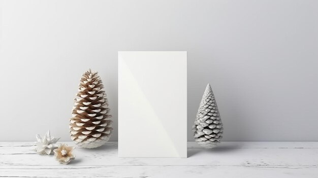 A white frame next to two white pine cones on a white marble table.