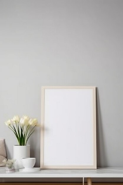 A white frame next to a vase with flowers on it.