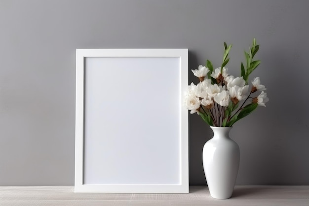 White frame next to a vase with white flowers on a wooden table