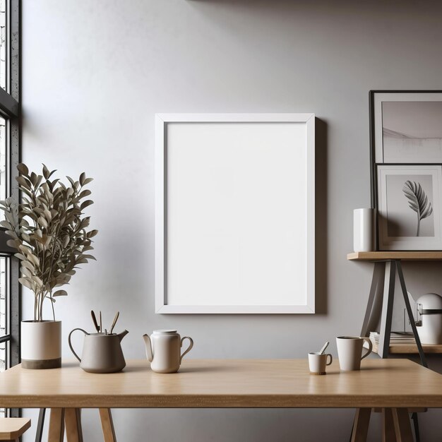 A white frame on a wall with a picture of a plant on it.