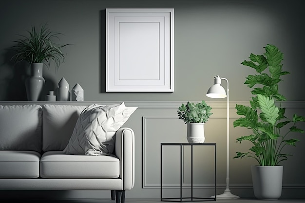 A white frame on a wall with a plant on it and a plant on the table.