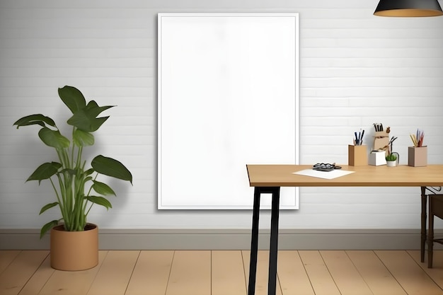 A white frame on a wall with a plant on it