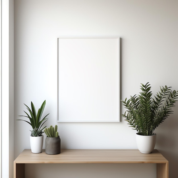 A white frame on a wall with plants in pots