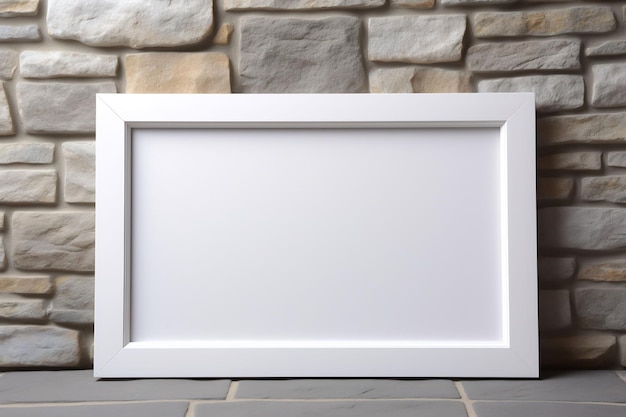 a white frame on a wall with a stone wall behind it.