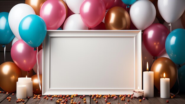 A white frame with balloons and a candle on a wood surface