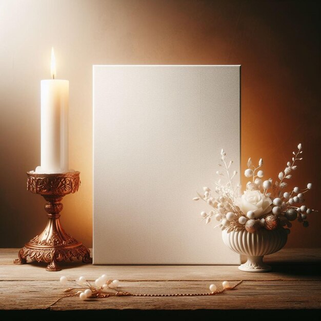 a white frame with a candle and a vase with flowers on it