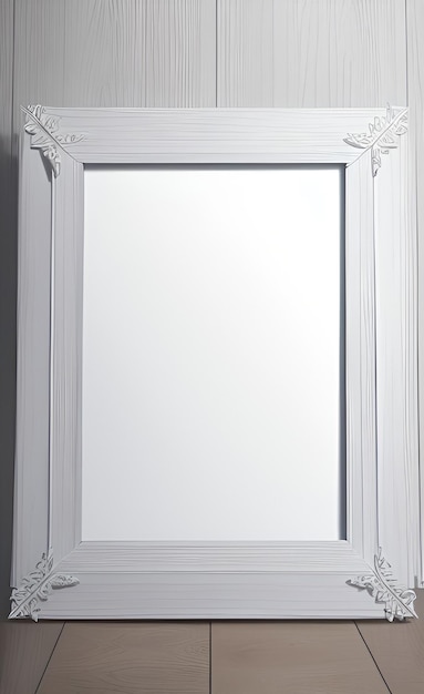 A white frame with a carved design on it