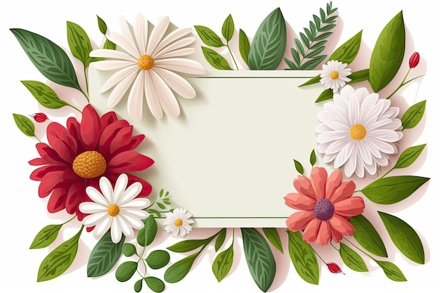 A white frame with chamomiles branches leaves and lilac petals Top down flat lay
