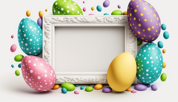 A white frame with colorful eggs in the middle of it