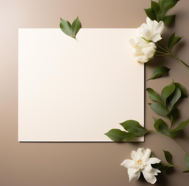 Photo a white frame with a few green leaves laying down