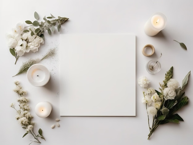 Photo a white frame with flowers and candles on it