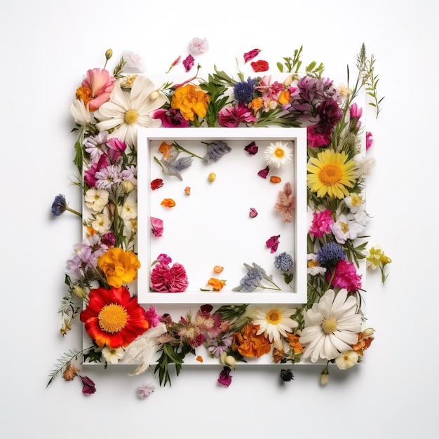 A white frame with flowers in it and a frame with a place for a photo.