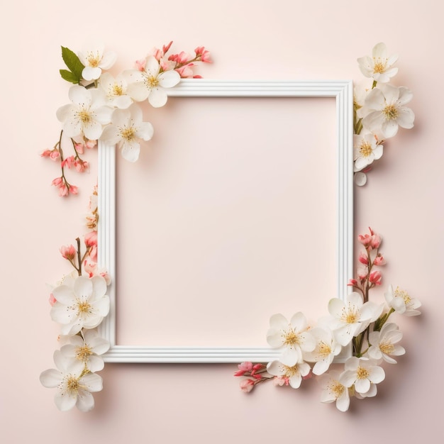 White Frame With Flowers on Pink Background