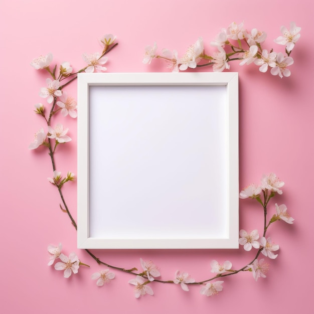 White Frame With Flowers on Pink Background