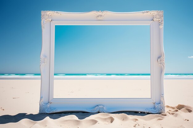 Photo a white frame with the ocean in the background.