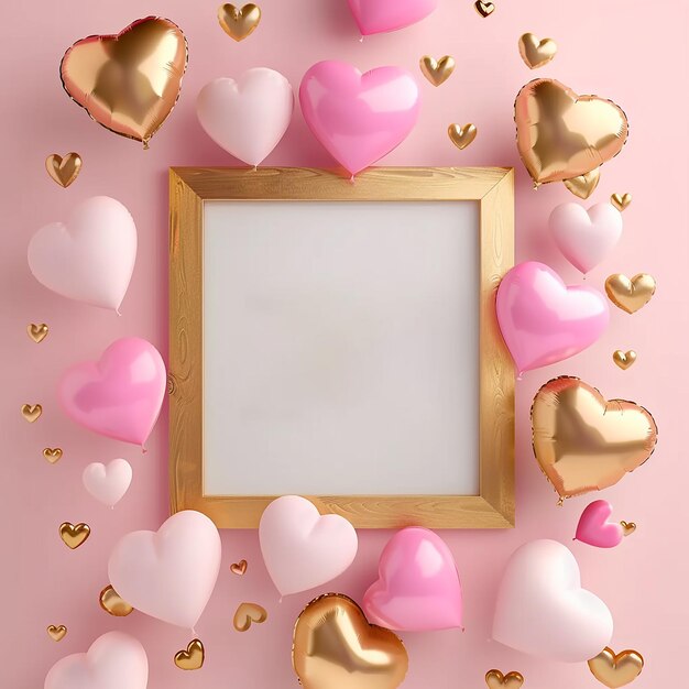 A white frame with a pink background and a bunch of gold and pink balloons surrounding it The balloons are arranged in a way that they form a heart shape