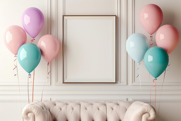 A white frame with pink blue and green balloons in the background