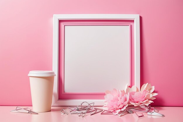 White frame with pink border paper clips and coffee disposable cup against pink background