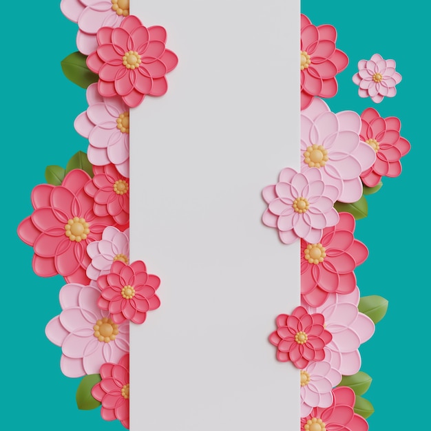 White frame with pink flowers.3d rendering of spring background concept.