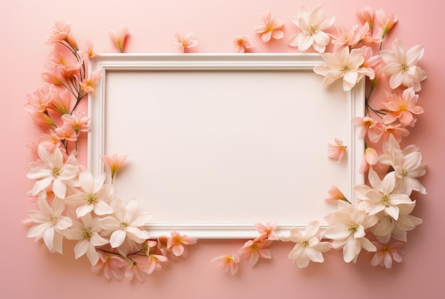 White Frame With Pink Flowers on Pink Background