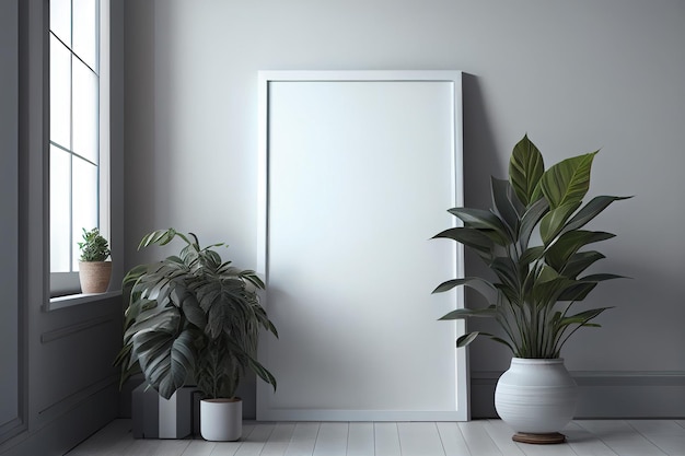 A white frame with plants on the wall