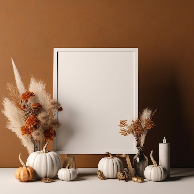 a white frame with pumpkins and pumpkins on a table.