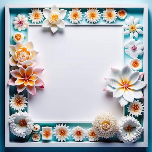Photo white frame with sqare shaped flowers around