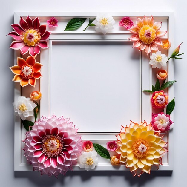 Photo white frame with sqare shaped flowers around