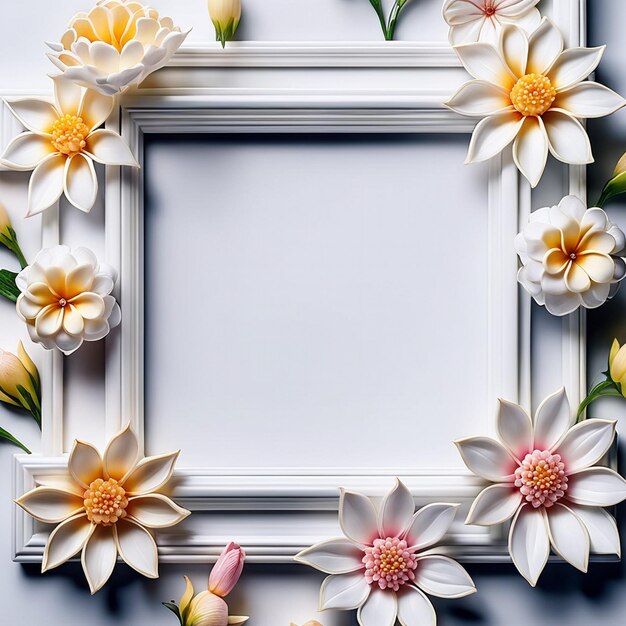 Photo white frame with sqare shaped flowers around