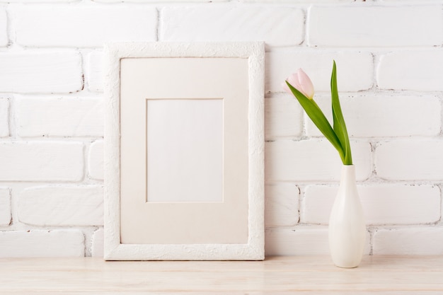 White frame with tender pink tulip