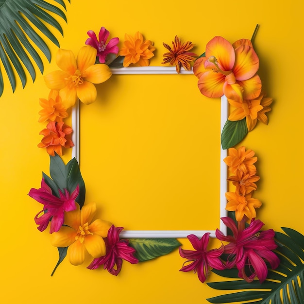 A white frame with tropical flowers and leaves on it