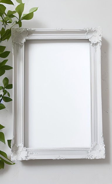 A white frame with a white border and a green plant on the right.