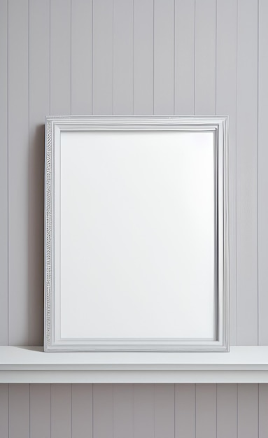 A white frame with a white border sits against a gray wall.