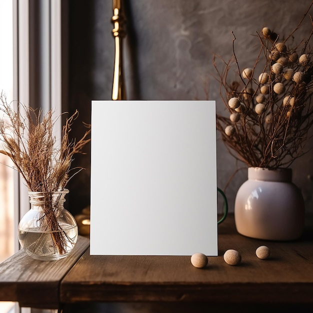 a white frame with a white frame on it sits on a table with a vase of flowers and a vase with flowers.