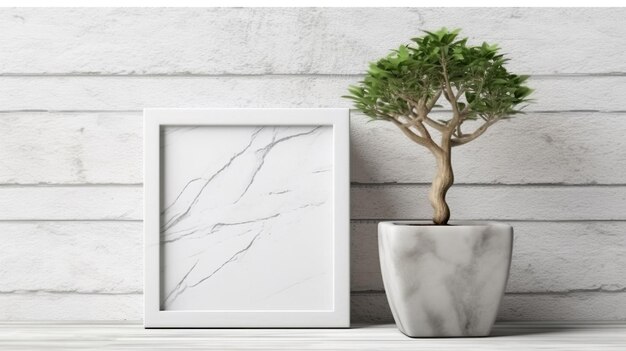 A white framed picture of a bonsai tree in a white vase.