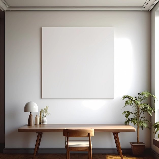 A white framed picture hanging on a wall with a wooden table and plant in the corner.