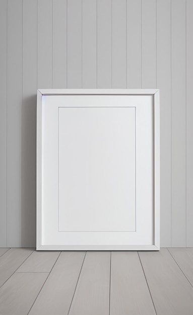 A white framed picture is against a white wall.