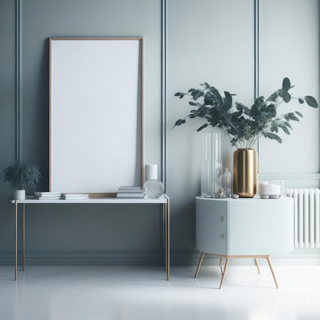 A white framed picture is on a table next to a radiator.