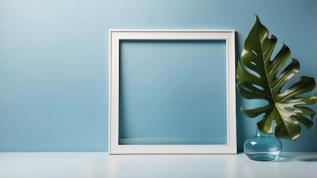 a white framed picture of a square frame with a green plant in it