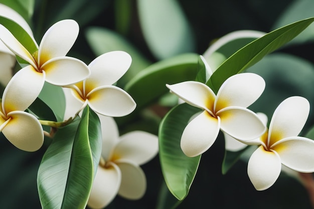 White frangipani flowers with green leaves in the background generative ai