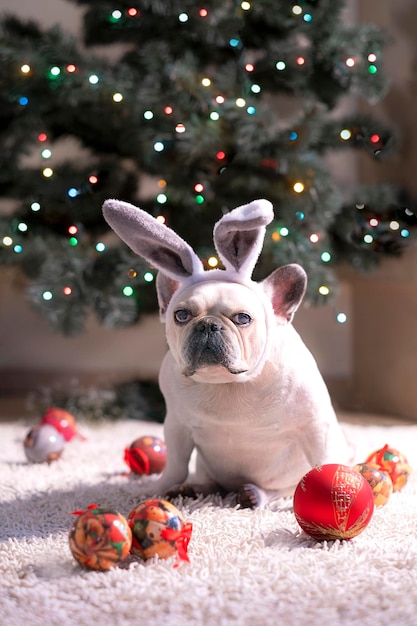 A white french bulldog on his head has carnival bunny ears sits\
next to a christmas tree next to him