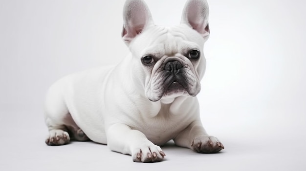 A white french bulldog laying down on a white background