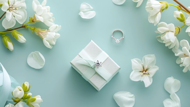 White fresia flower and gift box with diamond